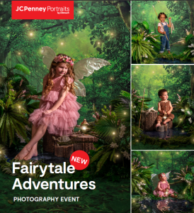 Children in a forest like setting. Main Picture a little girl with fair wings on.